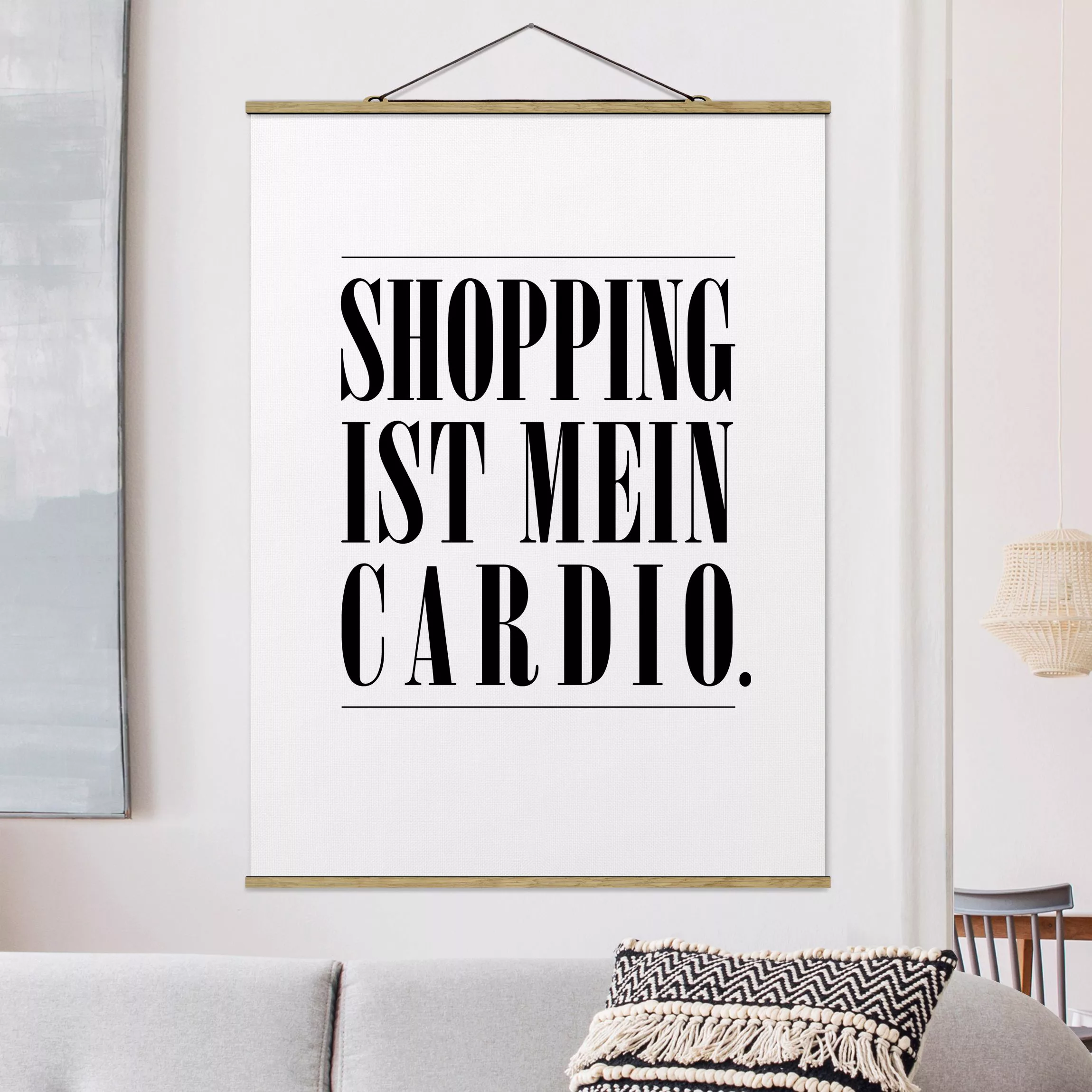 Stoffbild Spruch mit Posterleisten - Hochformat Shopping ist mein Cardio günstig online kaufen