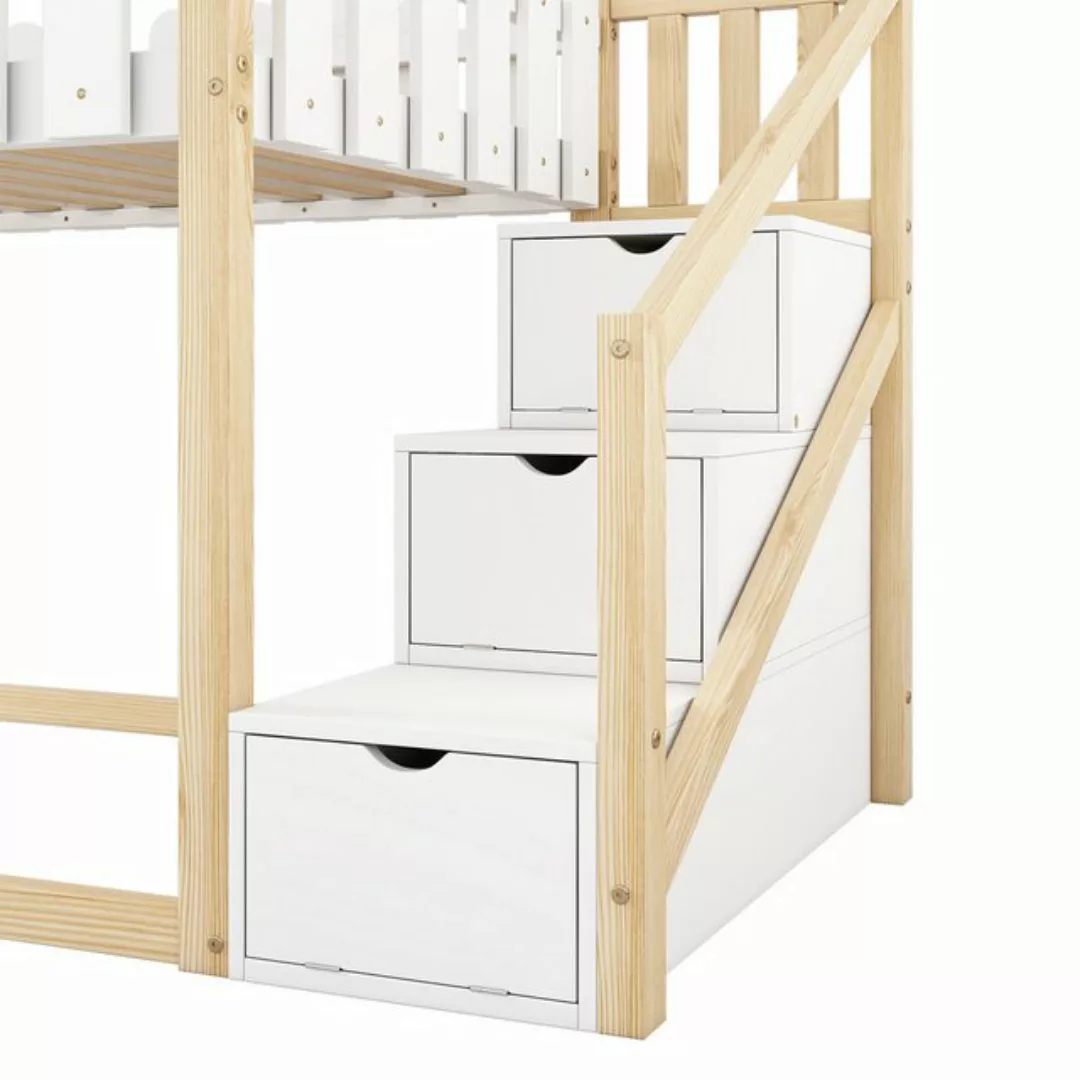 HAUSS SPLOE Kinderbett 90x200 mit 3 Treppen, 3 Ablagefächer, Zaundekor, Ohn günstig online kaufen