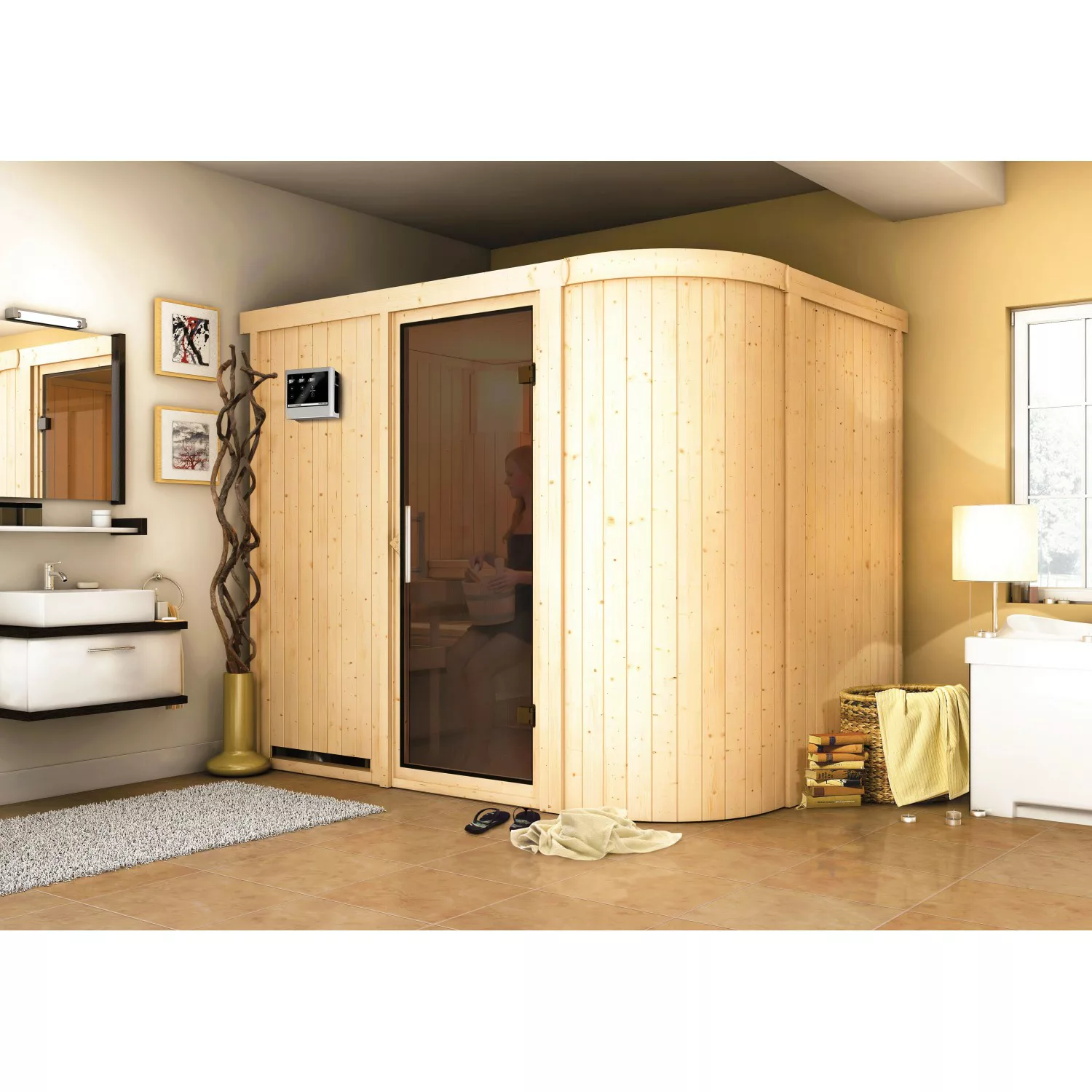 Karibu Sauna Thea mit Ofen externe Stg.Easy LED-Dachkranz Natur günstig online kaufen