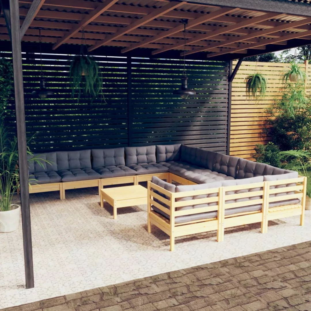 12-tlg. Garten-lounge-set Mit Grauen Kissen Kiefernholz günstig online kaufen