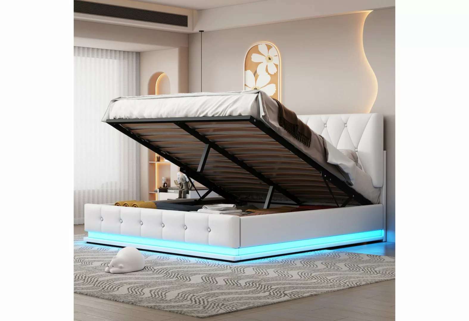 Ulife Polsterbett Doppelbett Erwachsenen Jugendbett mit LED Beleuchtung, Hy günstig online kaufen