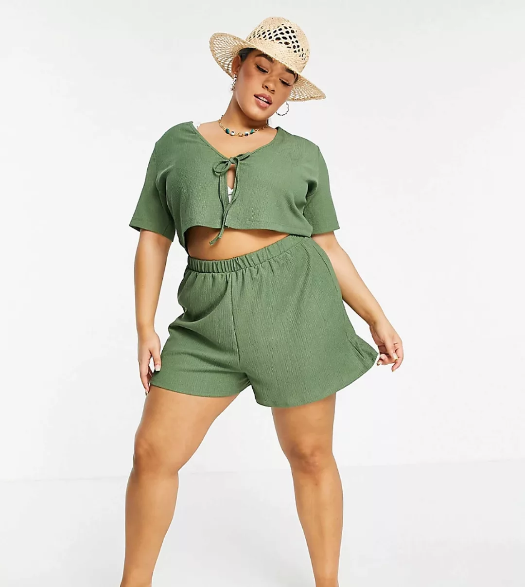 ASOS DESIGN Curve – Strukturierte Strandshorts aus Jersey in Khaki, Kombite günstig online kaufen