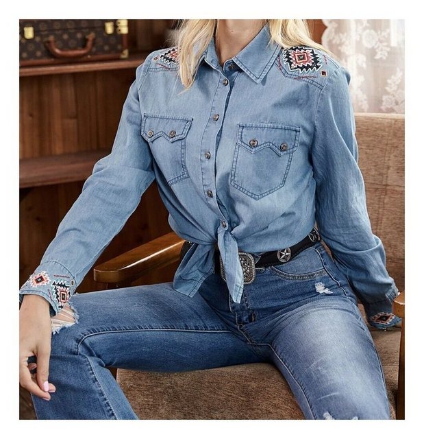 Westernlifestyle Jeansbluse Azteken Stickerei blau Westernbluse günstig online kaufen