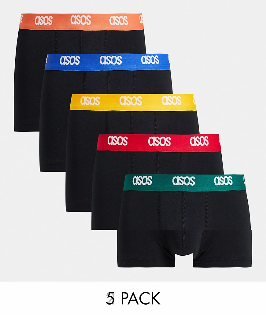 ASOS DESIGN – Kurze Unterhosen in Schwarz mit Kontrastbund im 5er-Pack-Mehr günstig online kaufen
