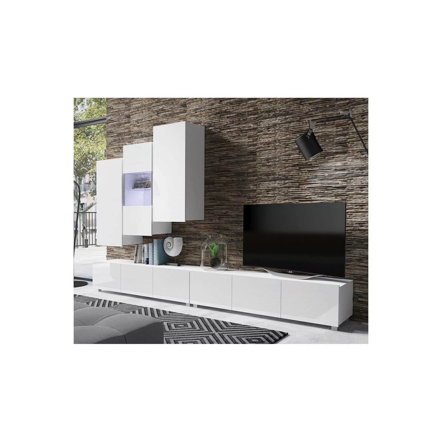 Moderne TV Wand mit Hängeschränken in weiß Hochglanz CAIRNS-132, B/H/T ca. günstig online kaufen