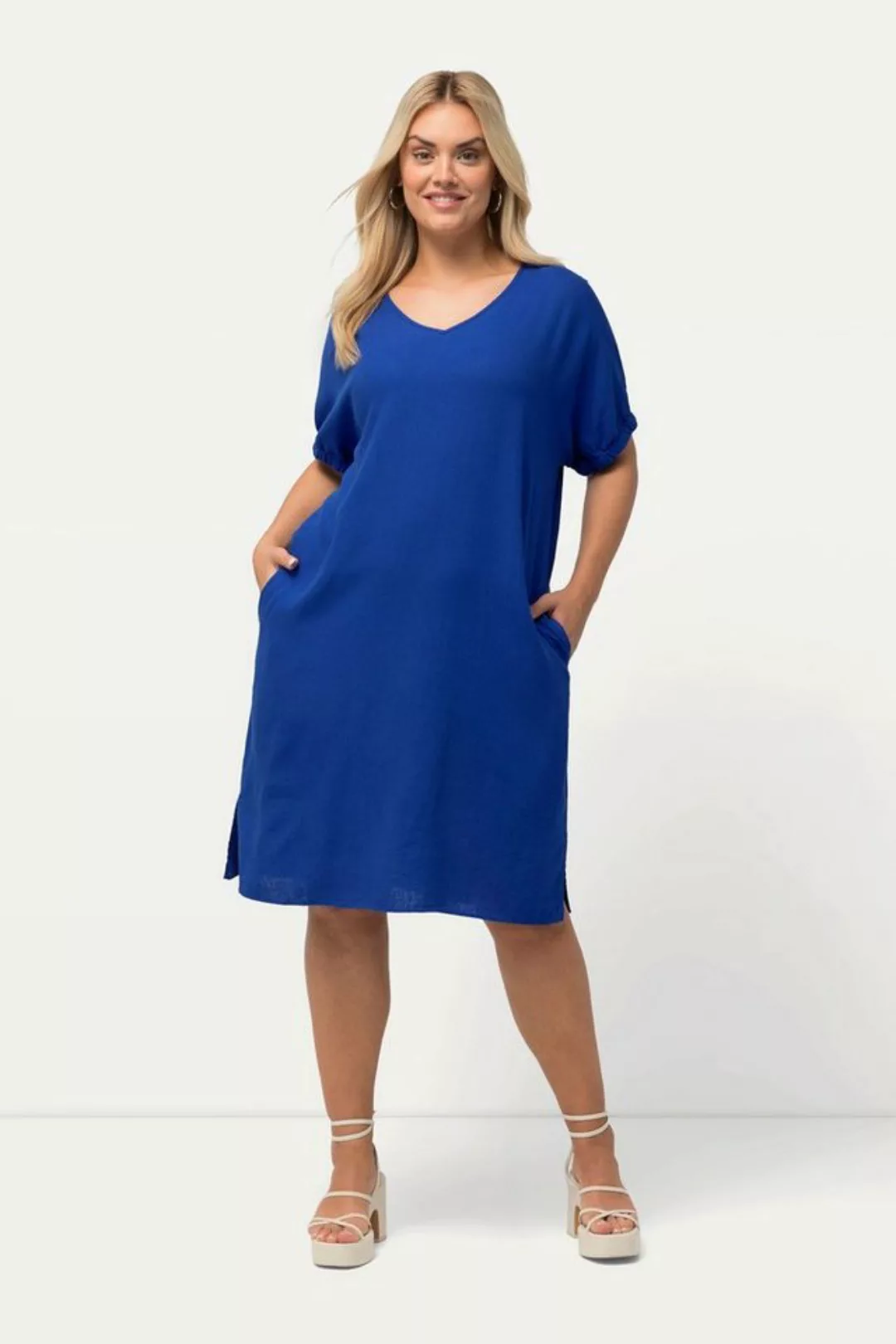 Ulla Popken Sommerkleid Kleid Leinenmix Oversized V-Ausschnitt Halbarm günstig online kaufen