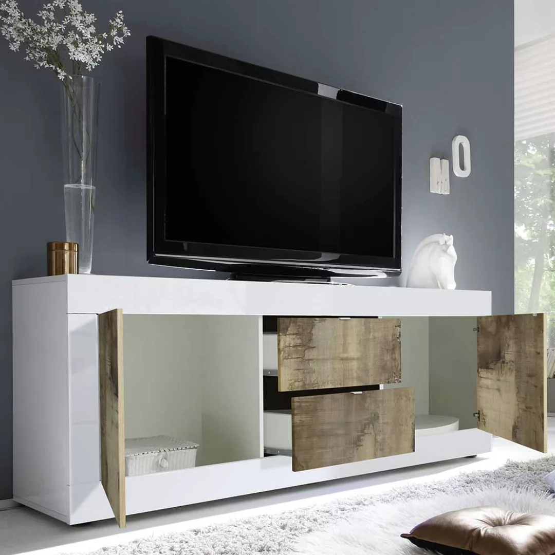 Modernes TV Sideboard in Weiß & Holz verwittert 210 cm breit günstig online kaufen