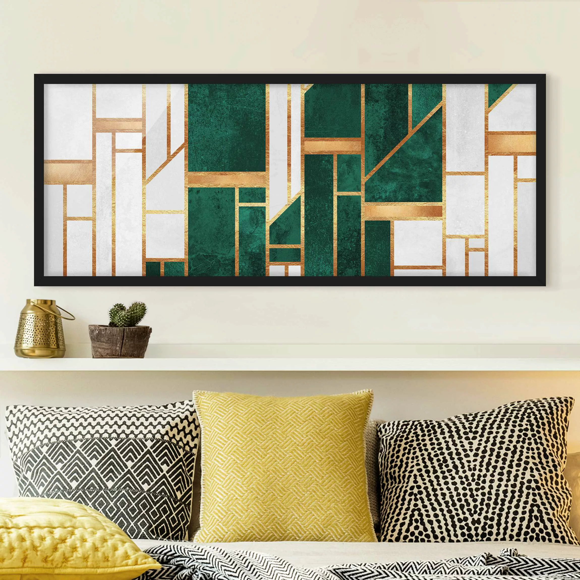 Bild mit Rahmen Emerald und Gold Geometrie günstig online kaufen