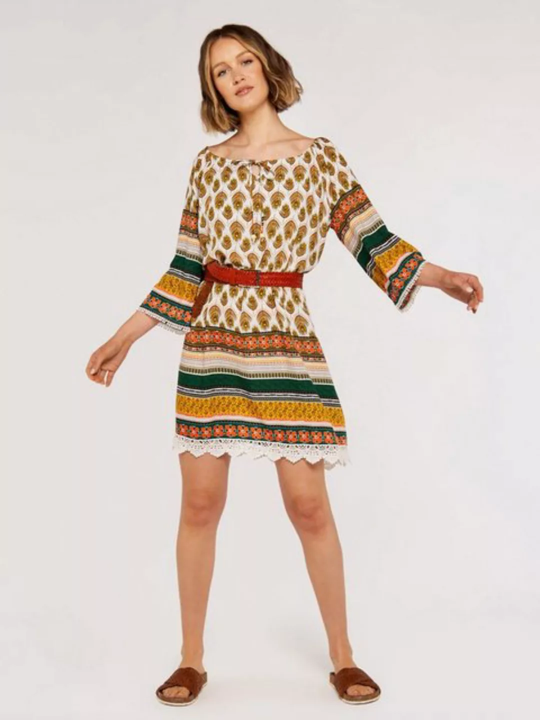 Apricot Minikleid Feather Border Crochet Trim Dress, mit tollem Druck, mit günstig online kaufen