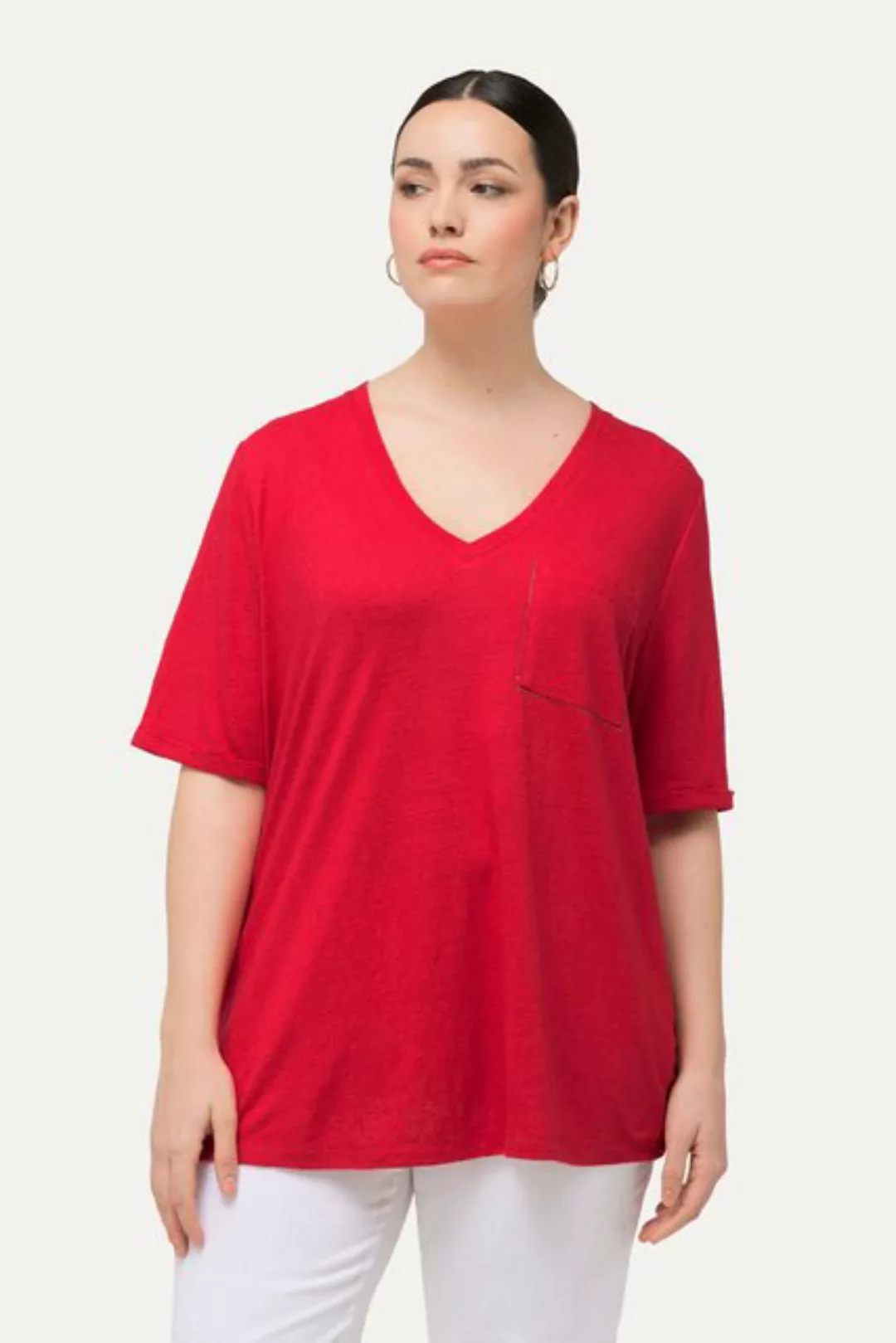 Ulla Popken Rundhalsshirt T-Shirt Struktur Brusttasche V-Ausschnitt Halbarm günstig online kaufen
