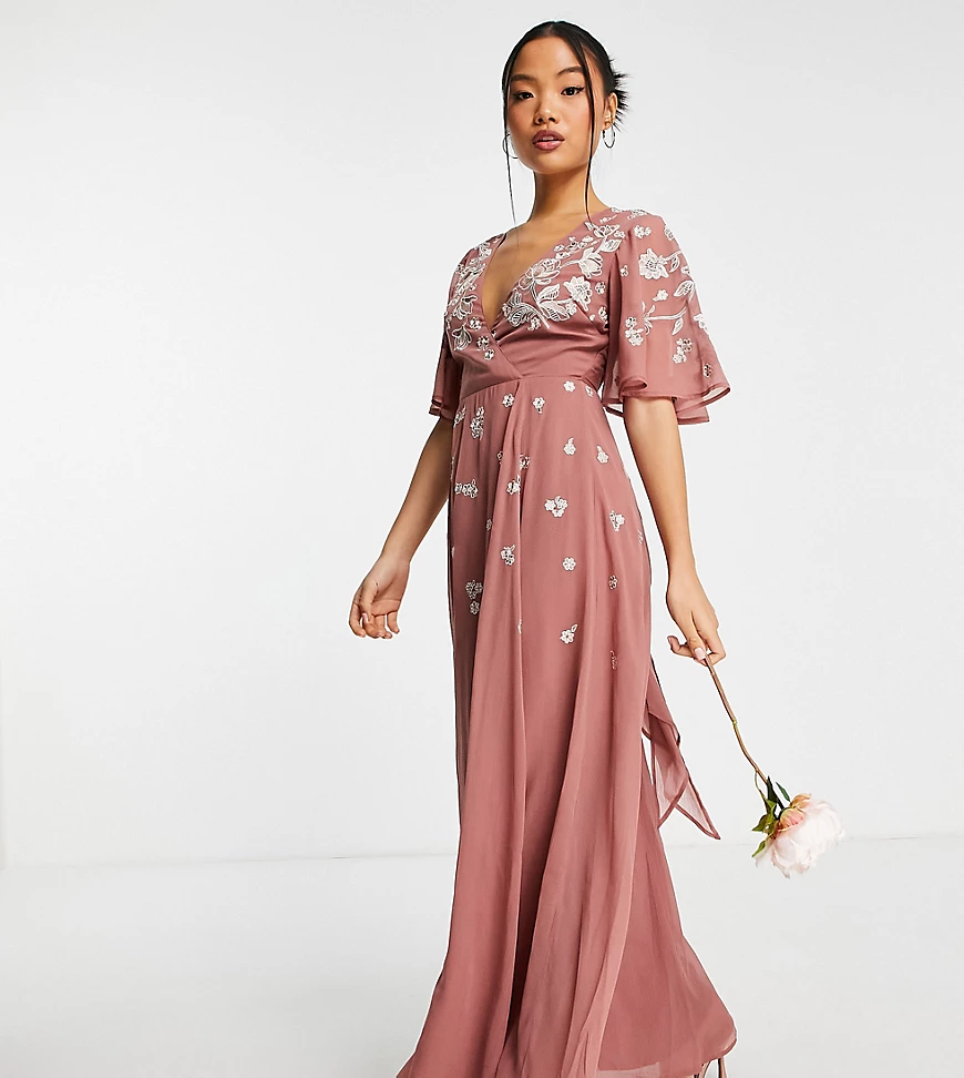 ASOS DESIGN Bridesmaid Petite – Brautjungfern-Maxikleid mit Flatterärmeln, günstig online kaufen