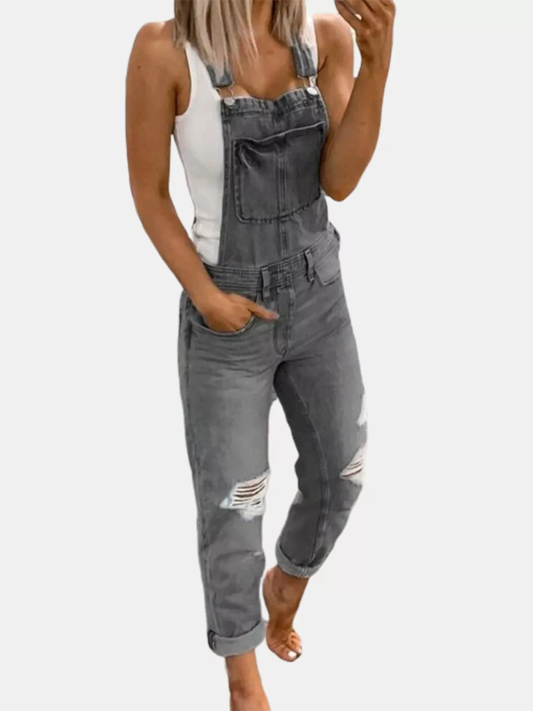 Solid Color Camouflage Ripped Denim Jumpsuit Für Damen günstig online kaufen