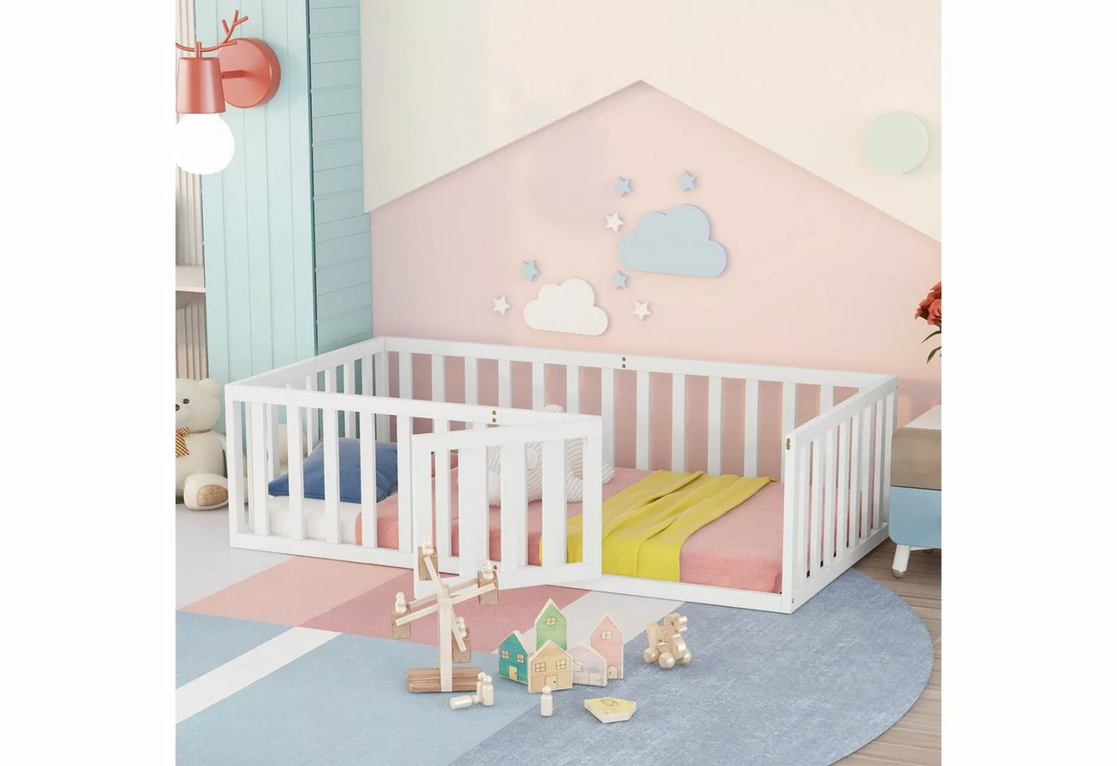 Odikalo Kinderbett Kinderbett 90 x 200, Holzboden Bettrahmen mit Zaun und T günstig online kaufen