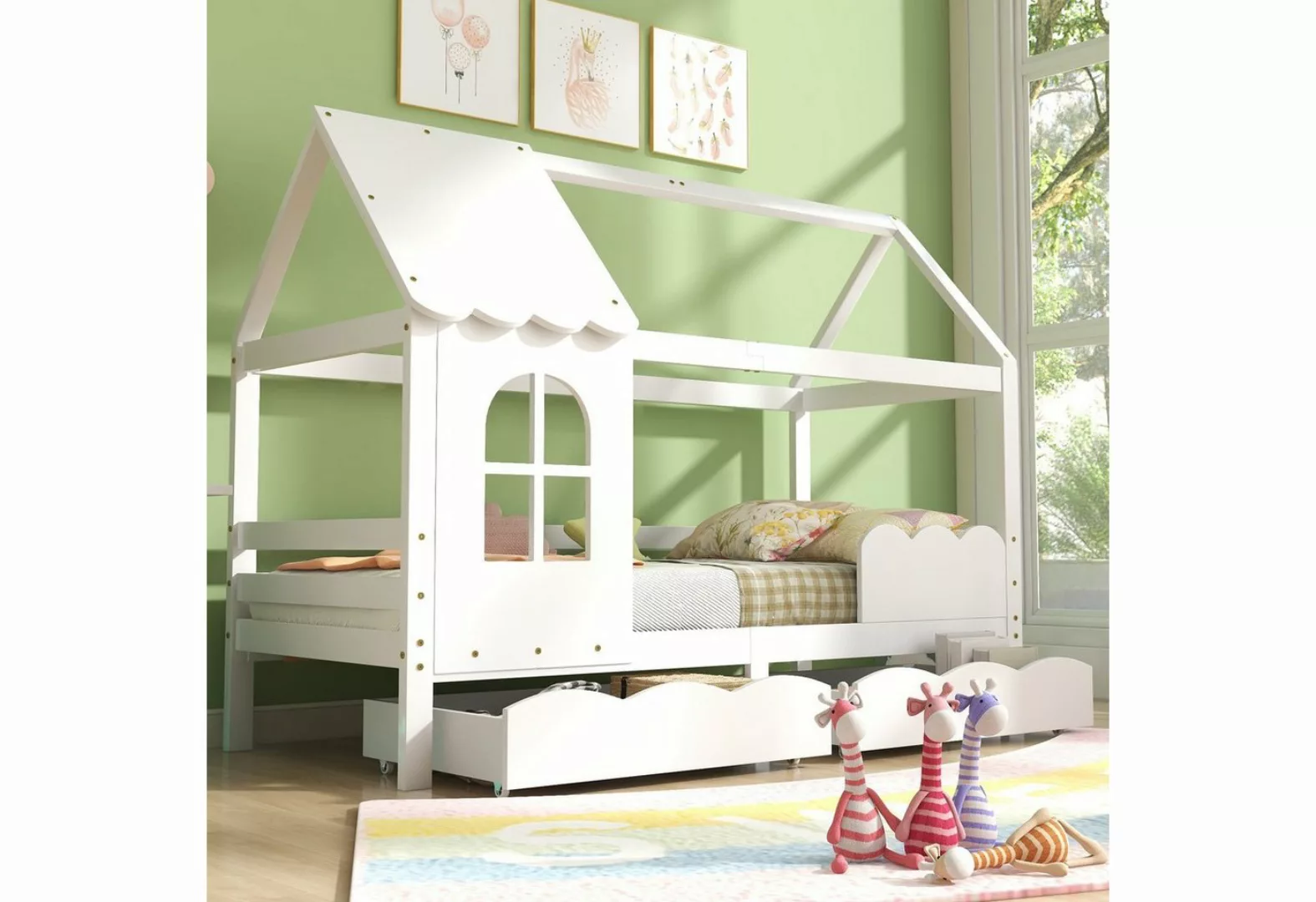 Odikalo Kinderbett Hausbett Jugendbett 200x90 Zwei Schubladen, Massivholz W günstig online kaufen