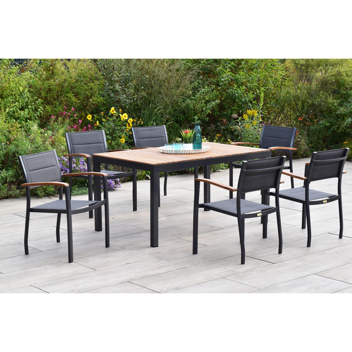 Merxx Paxos Set 7-tlg. 6 Stapelsessel Gartentisch 150 x 90 cm günstig online kaufen