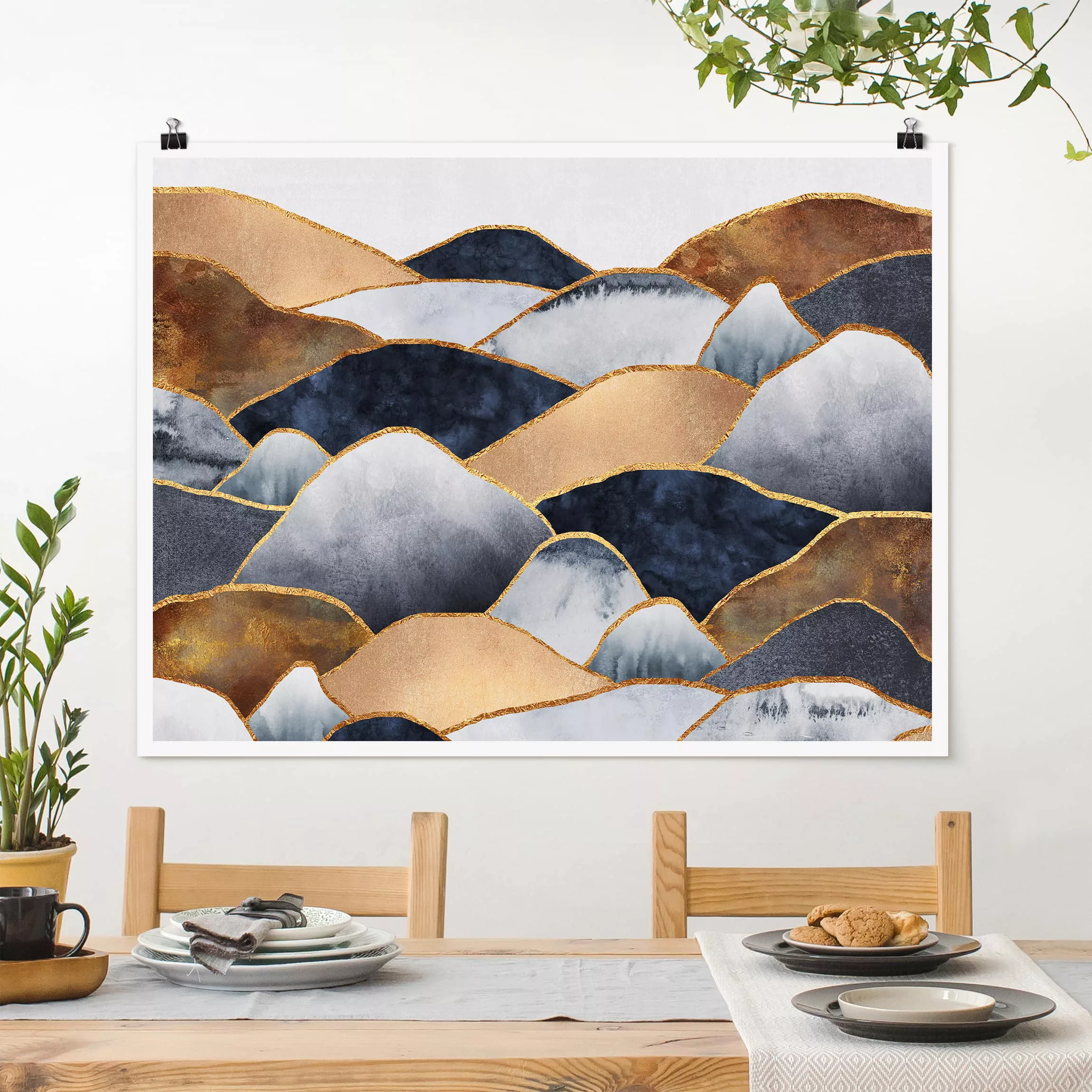 Poster Abstrakt - Querformat Goldene Berge Aquarell günstig online kaufen
