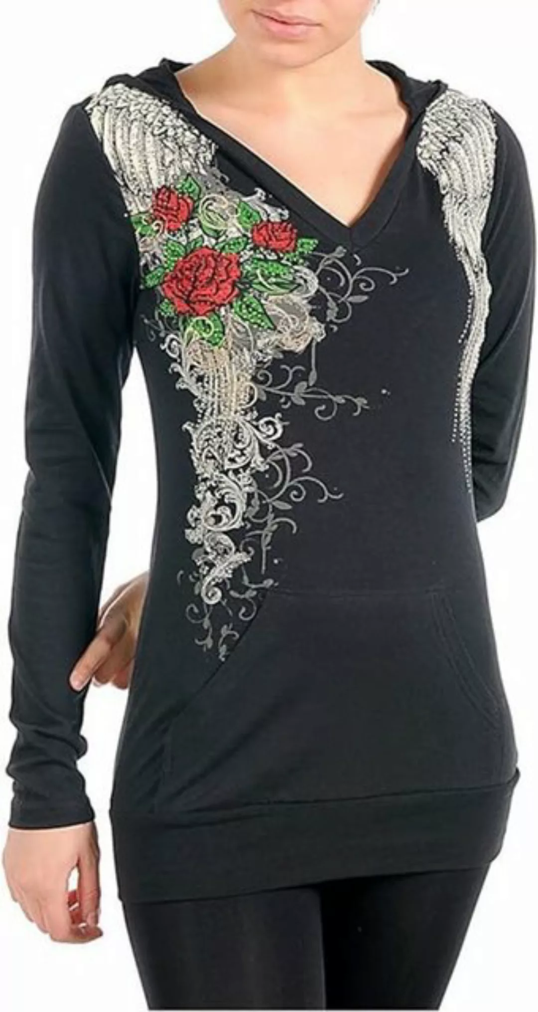 BUSSTOP Hoodie Shirt tribal Rose Tattoo mit Strass schwarz mit Kängurutasch günstig online kaufen