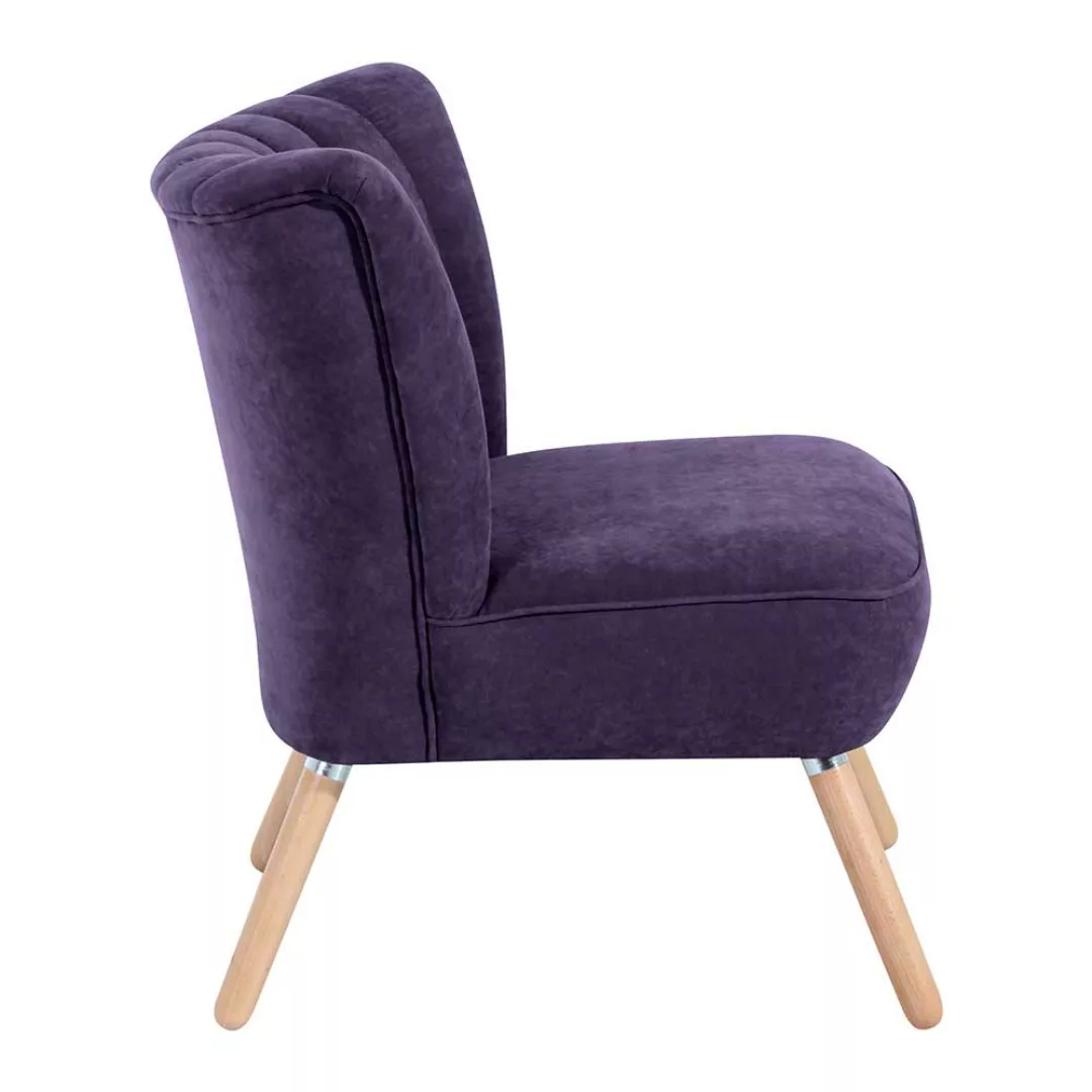 Violetter Retro Sessel aus Velours Vierfußgestell aus Holz günstig online kaufen