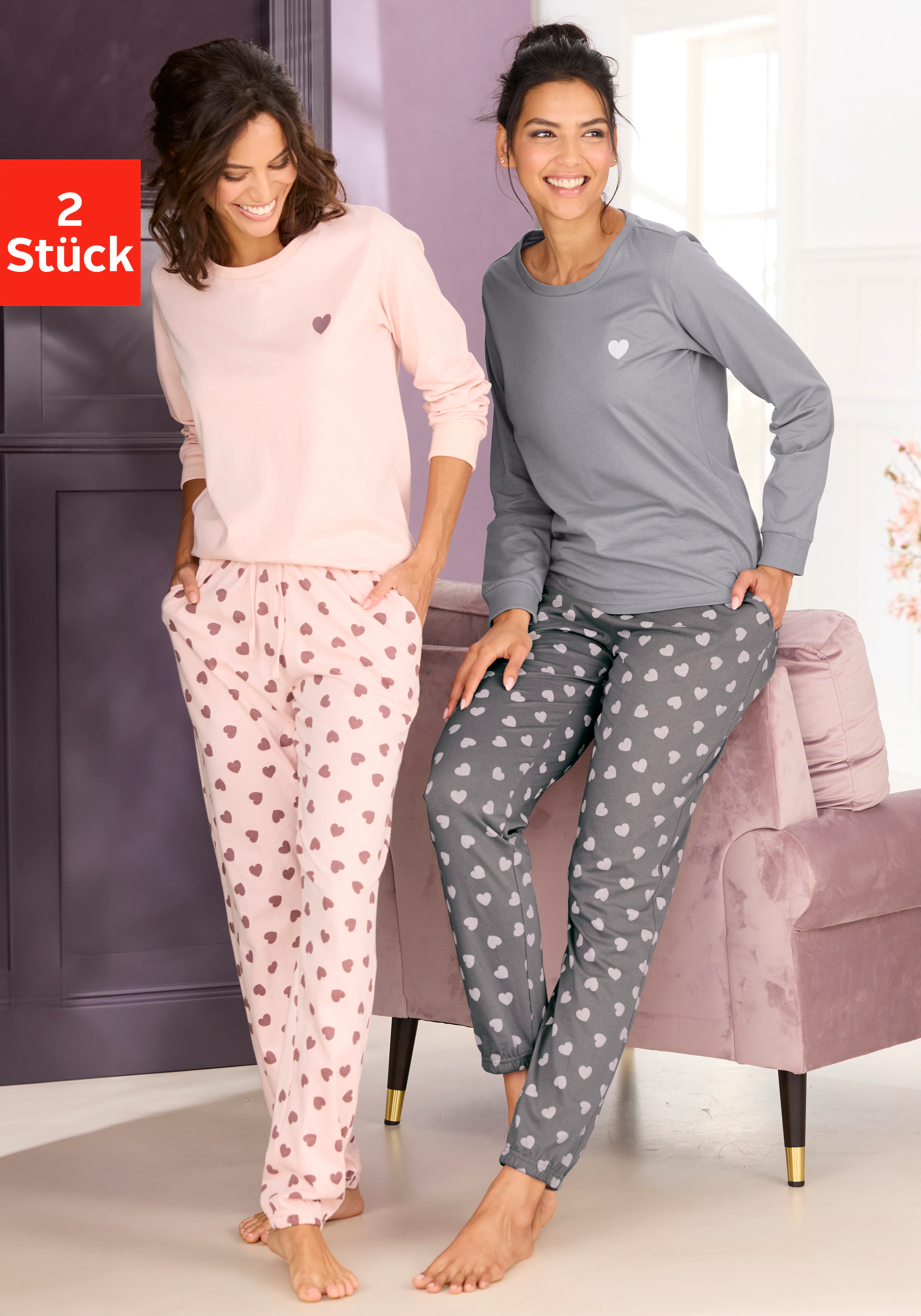 Vivance Dreams Pyjama, (Spar-Set, 4 tlg.), mit süßem Herzmuster günstig online kaufen