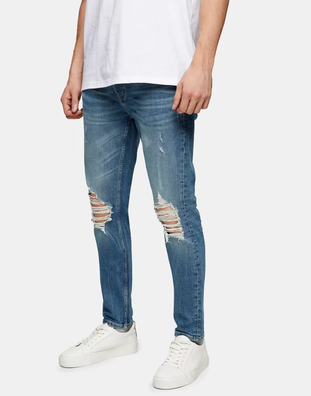 Topman – Zerrissene Stretch-Jeans aus Bio-Baumwollmix in mittlerer Waschung günstig online kaufen