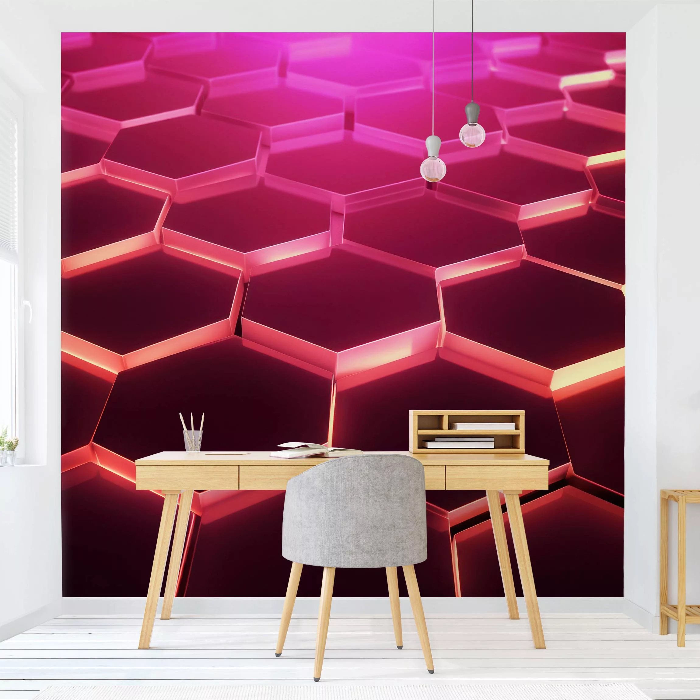 Fototapete Hexagone mit Neonlicht in Pink und Rot günstig online kaufen