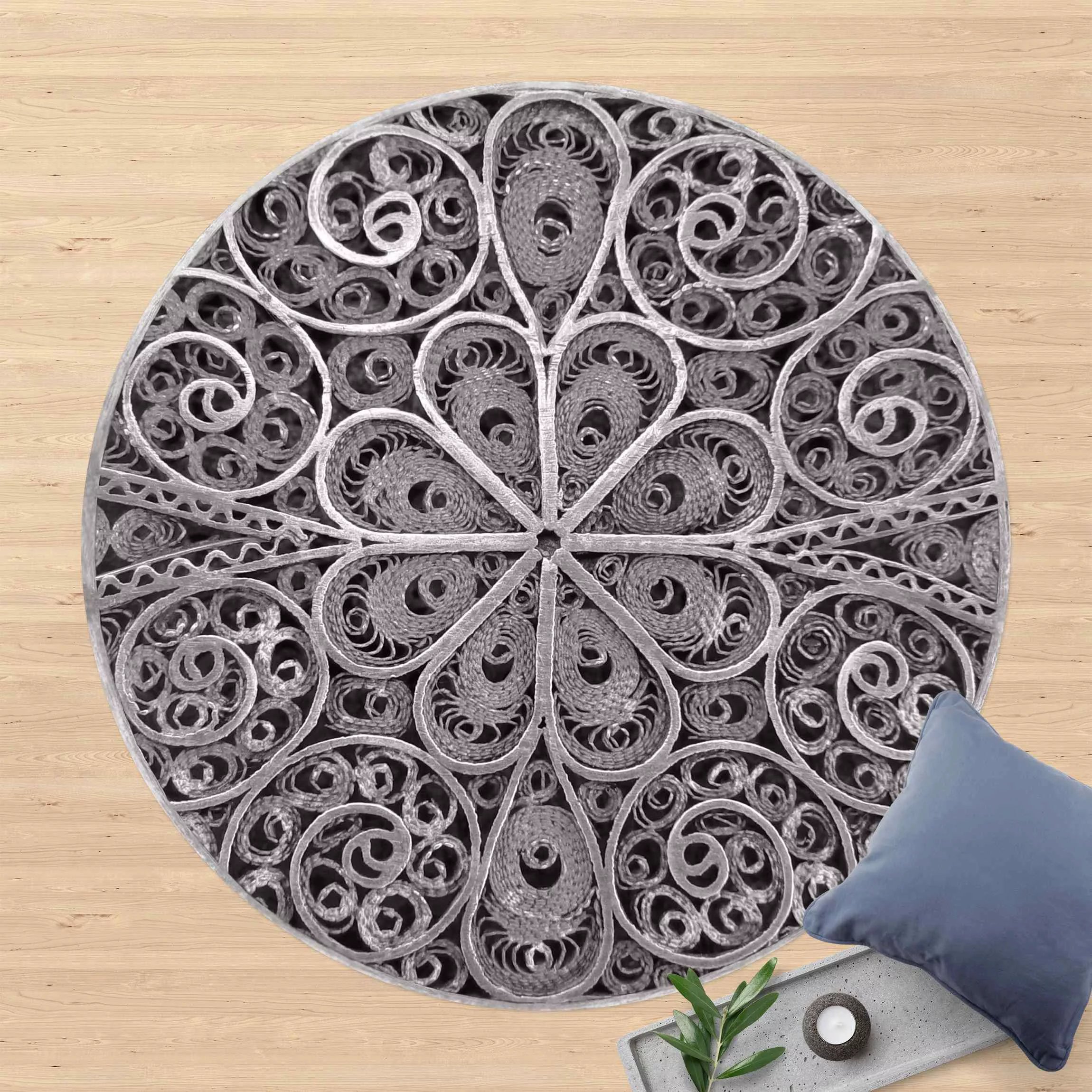 Runder Vinyl-Teppich Metall Ornamentik Mandala in Silber günstig online kaufen