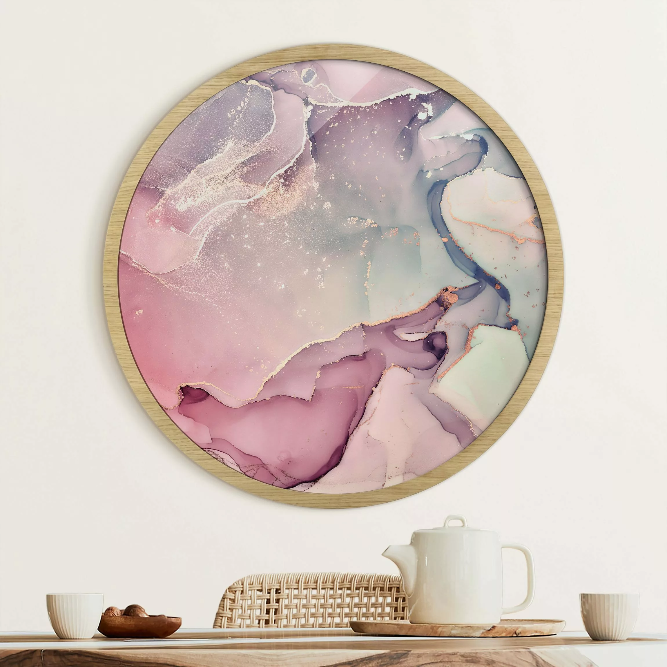 Rundes Gerahmtes Bild Aquarell Pastell Rosa mit Gold günstig online kaufen
