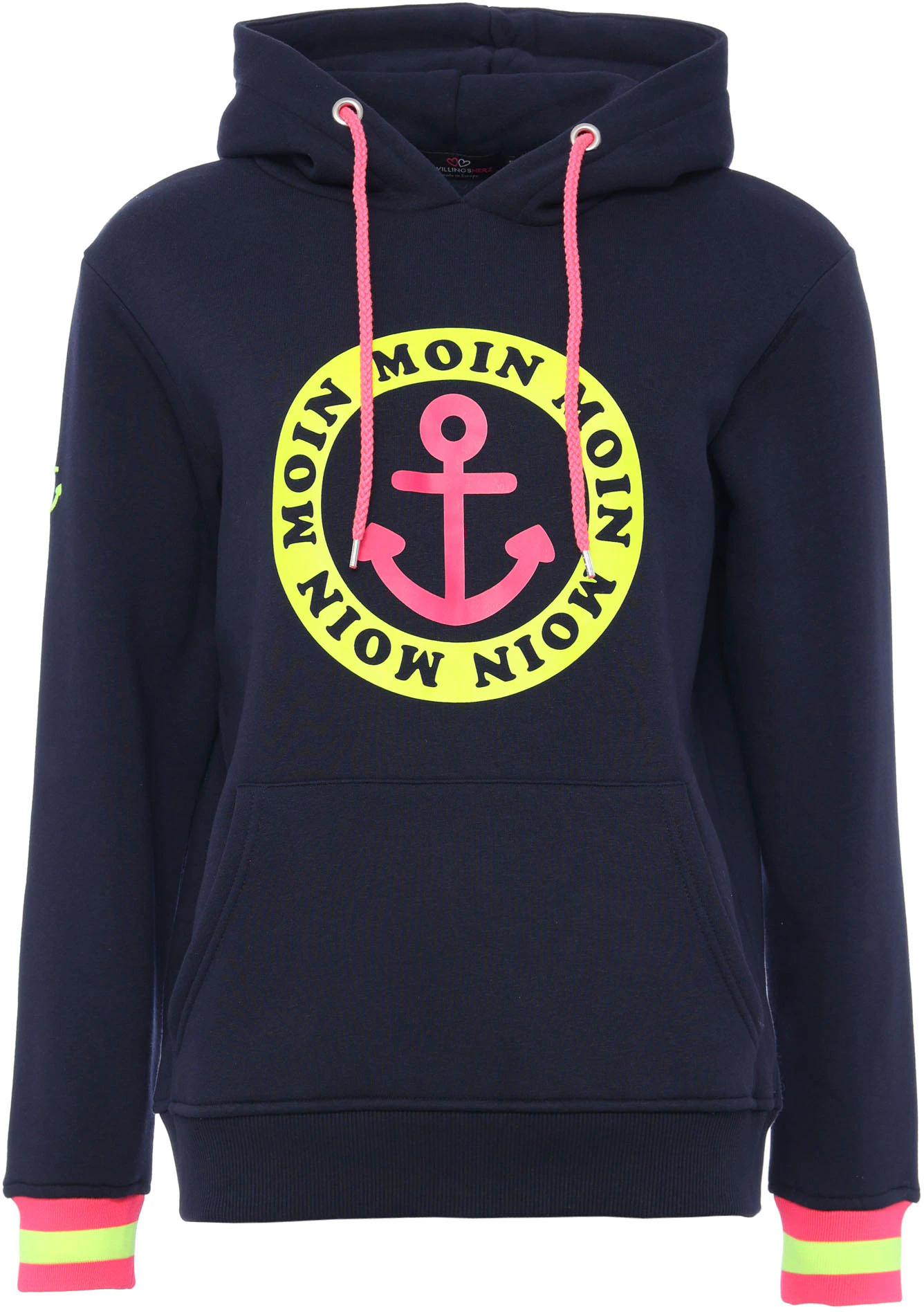 Zwillingsherz Hoodie mit Aufschrift Moin und Anker in Neonfarben günstig online kaufen