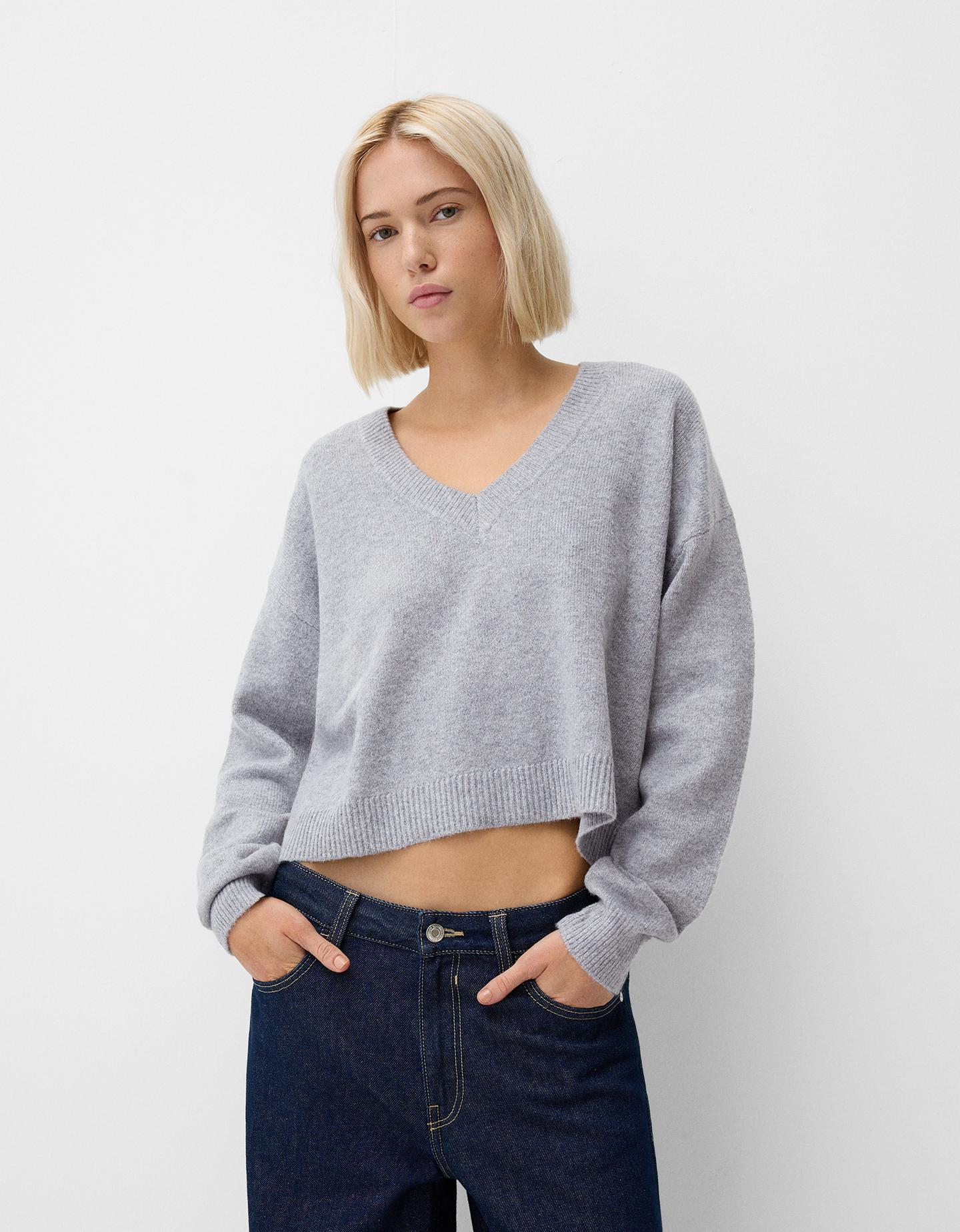 Bershka Pullover Mit V-Ausschnitt Cropped Damen L Grau günstig online kaufen