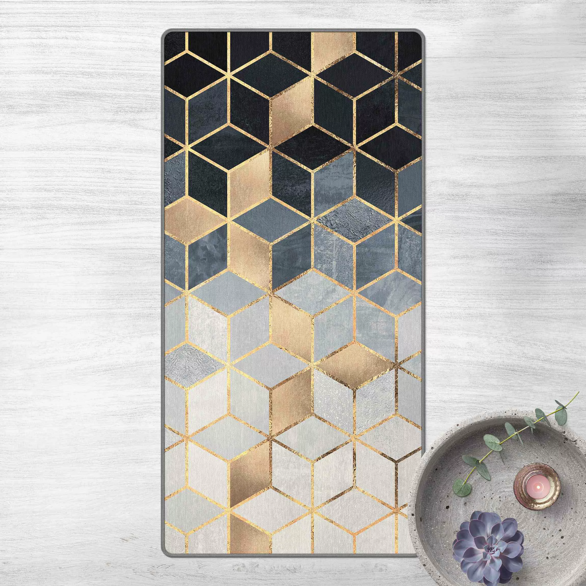 Teppich Blau Weiß goldene Geometrie günstig online kaufen