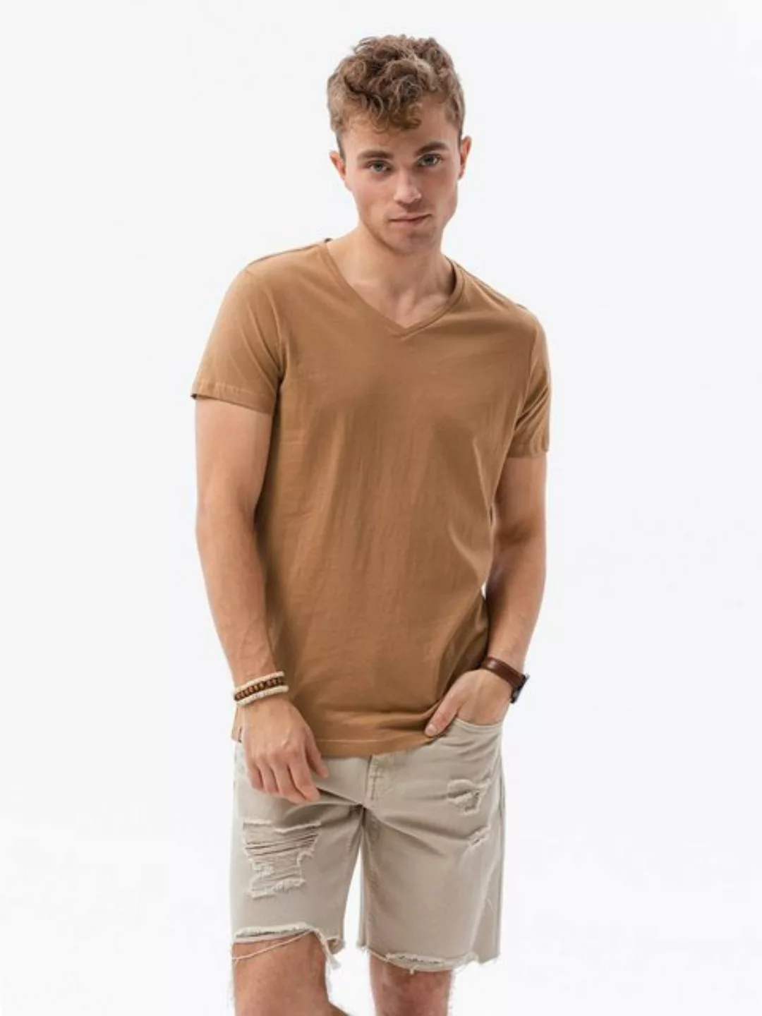 OMBRE T-Shirt Ombre Herren-T-Shirt BASIC mit V-Ausschnitt - hellbraun V9 S1 günstig online kaufen