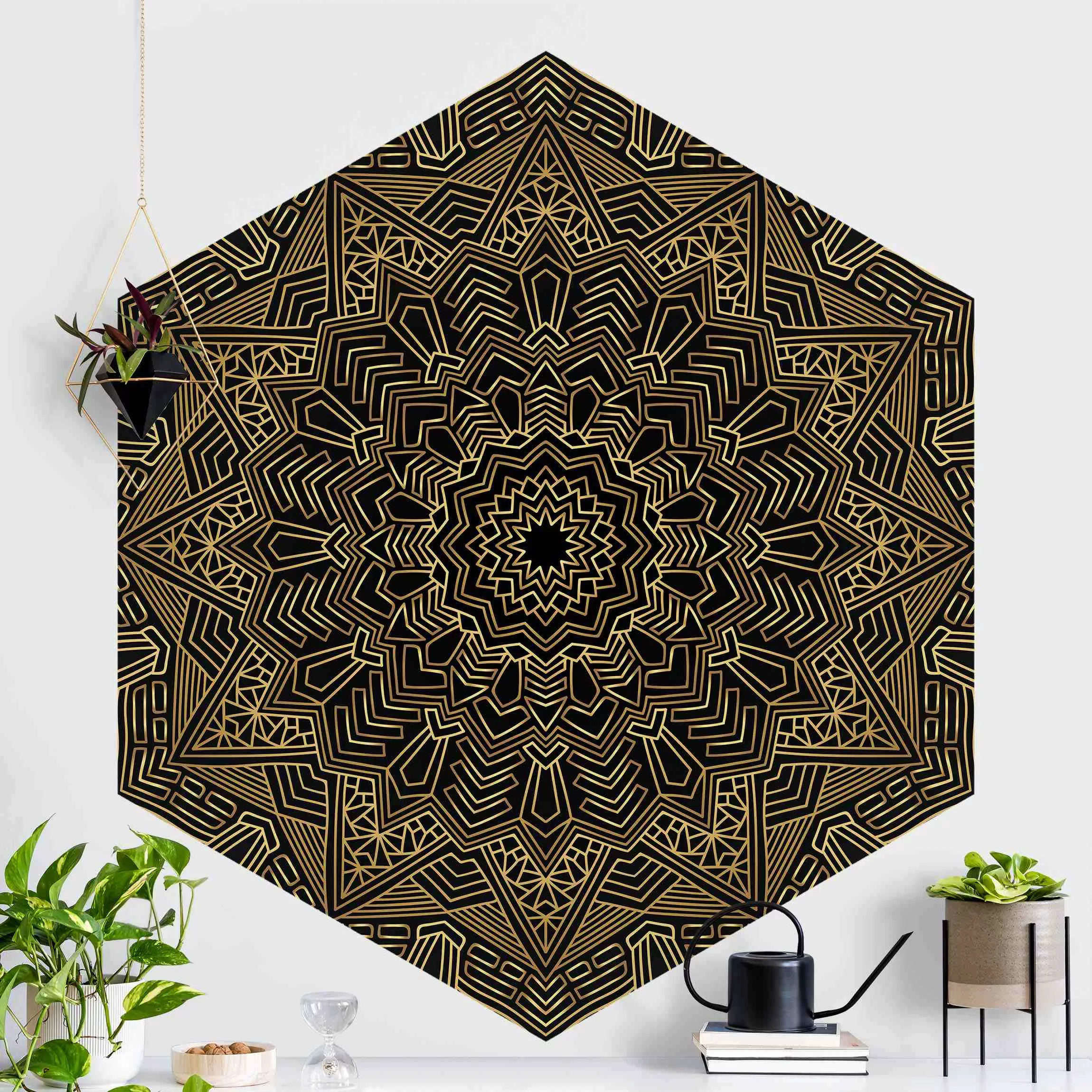 Hexagon Mustertapete selbstklebend Mandala Stern Muster gold schwarz günstig online kaufen