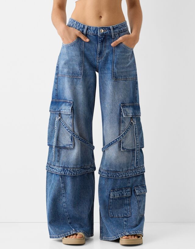 Bershka Jeans Im Cargo- Und Baggyhosen-Stil Damen 32 Ausgewaschenes Blau günstig online kaufen