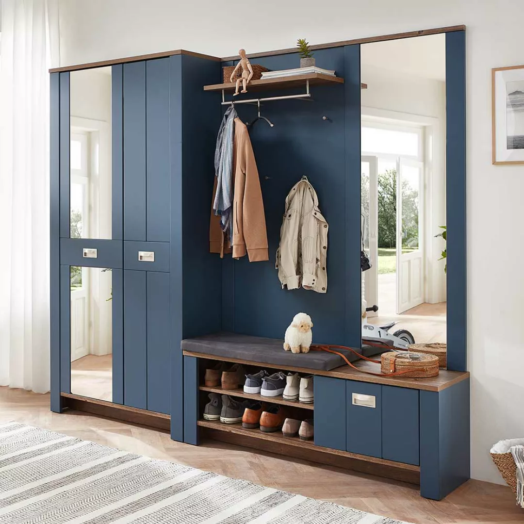 Garderoben Set komplett in Blau und Eiche dunkel Landhausstil (dreiteilig) günstig online kaufen
