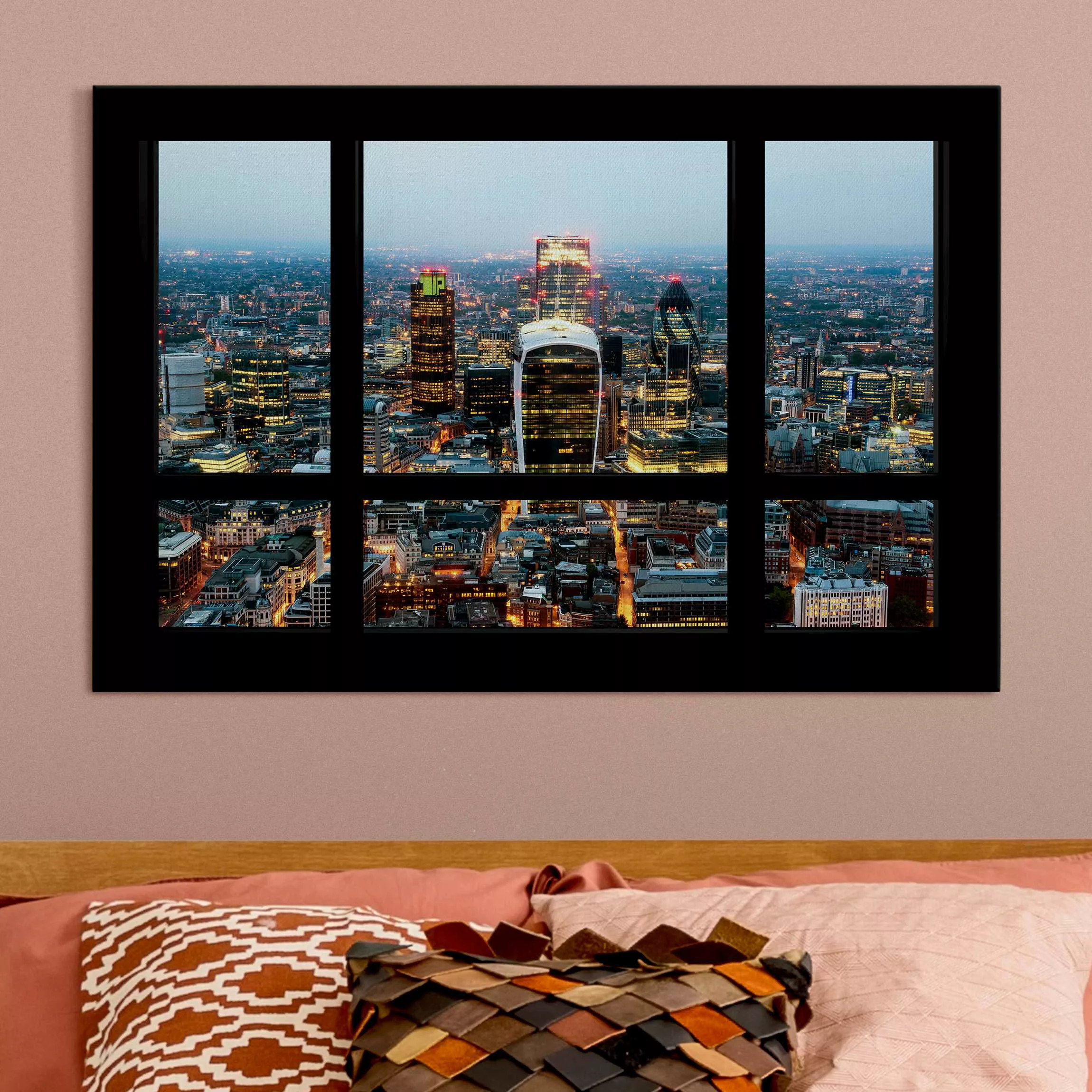 Akustikbild Fensterblick auf beleuchtete Skyline von London günstig online kaufen
