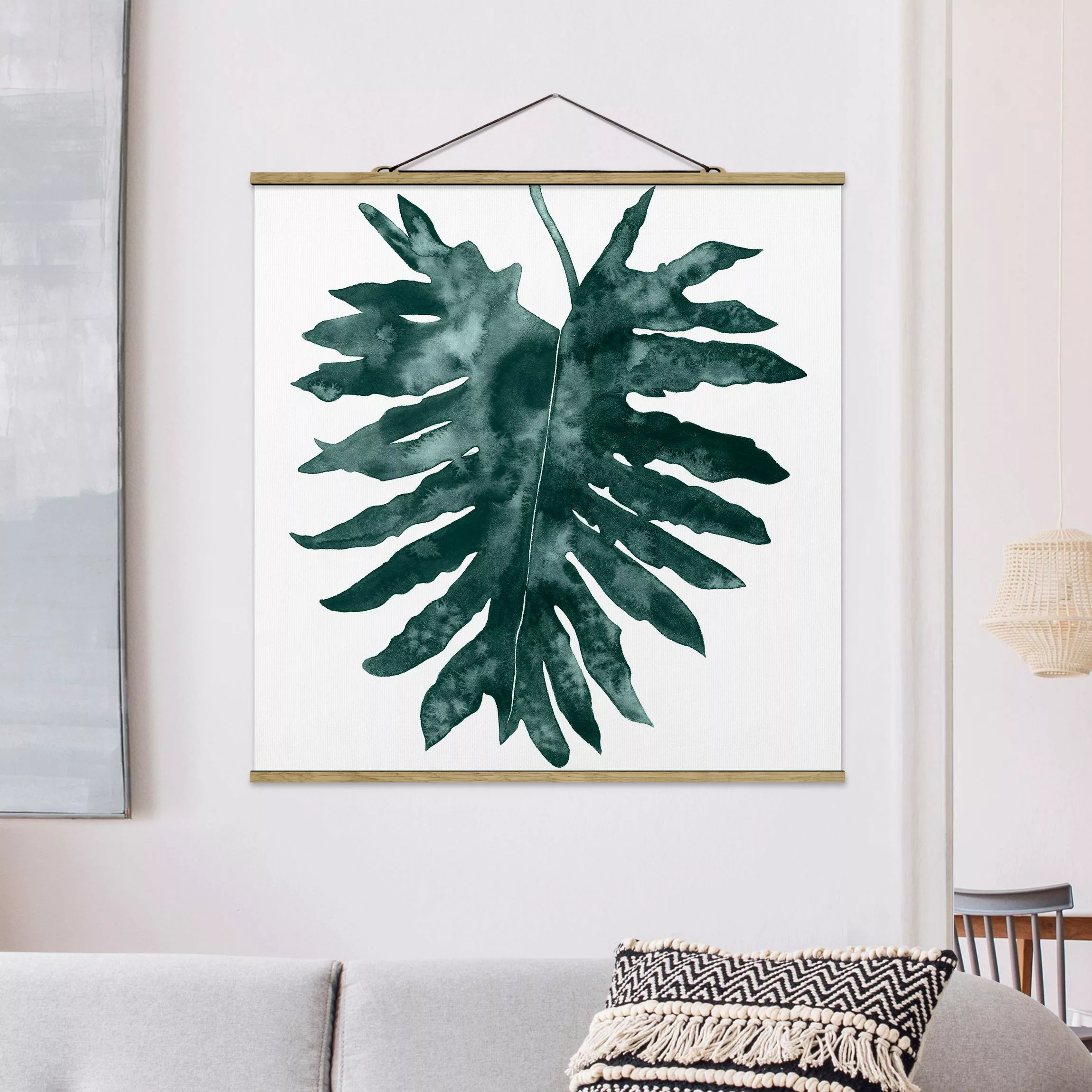 Stoffbild Blumen mit Posterleisten - Quadrat Smaragdgrüner Philodendron Bip günstig online kaufen