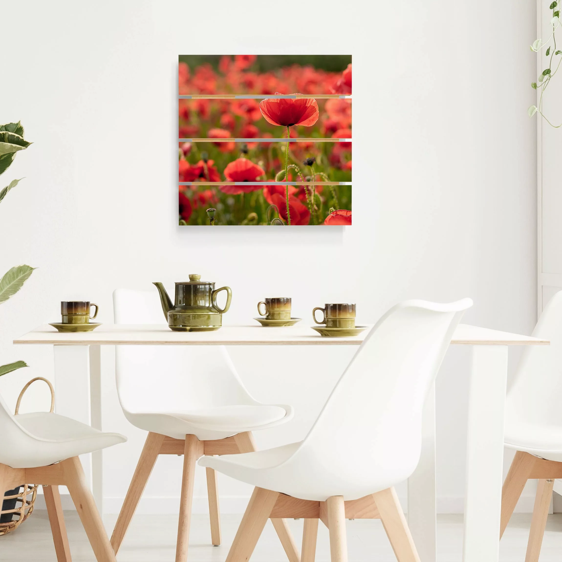 Holzbild Plankenoptik Blumen - Quadrat Mohnfeld im Sonnenlicht günstig online kaufen