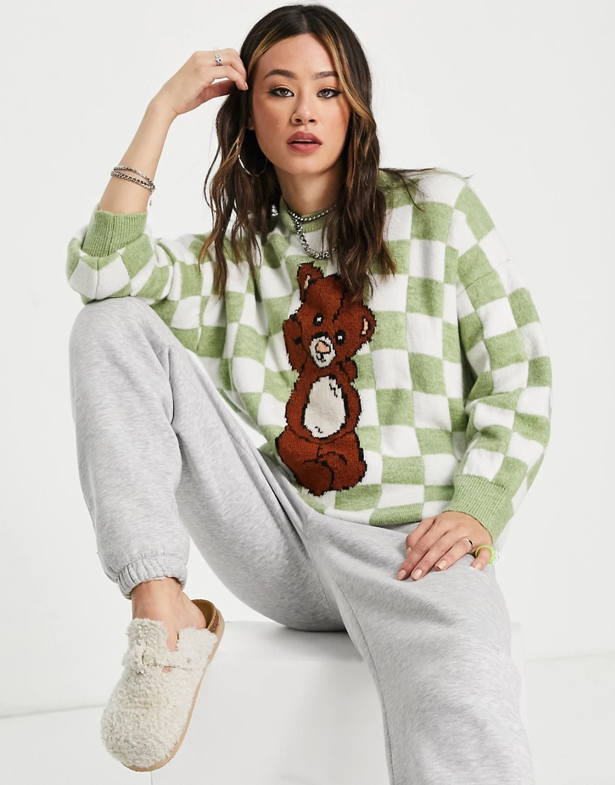 Topshop – Mehrfarbiger Strickpullover mit Schachbrettmuster und Teddy-Motiv günstig online kaufen