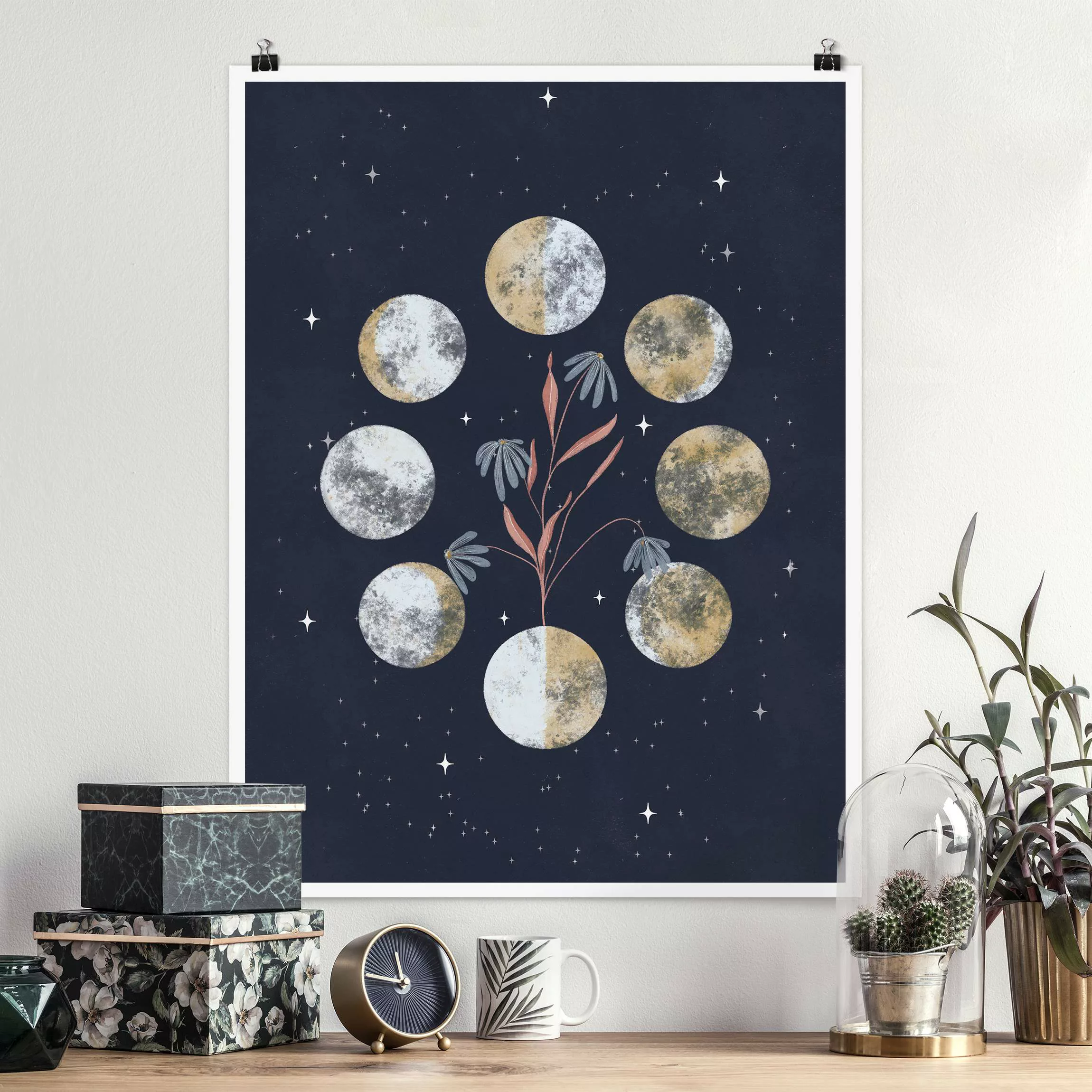 Poster Mondphasen und Margeriten günstig online kaufen