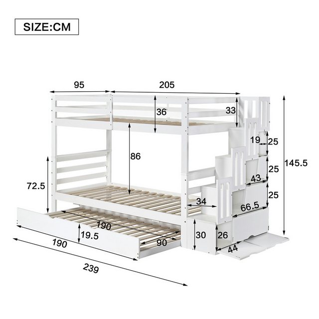 Flieks Etagenbett, Kinderbett 90x200cm mit Stauraumtreppe und Ausziehbett 9 günstig online kaufen