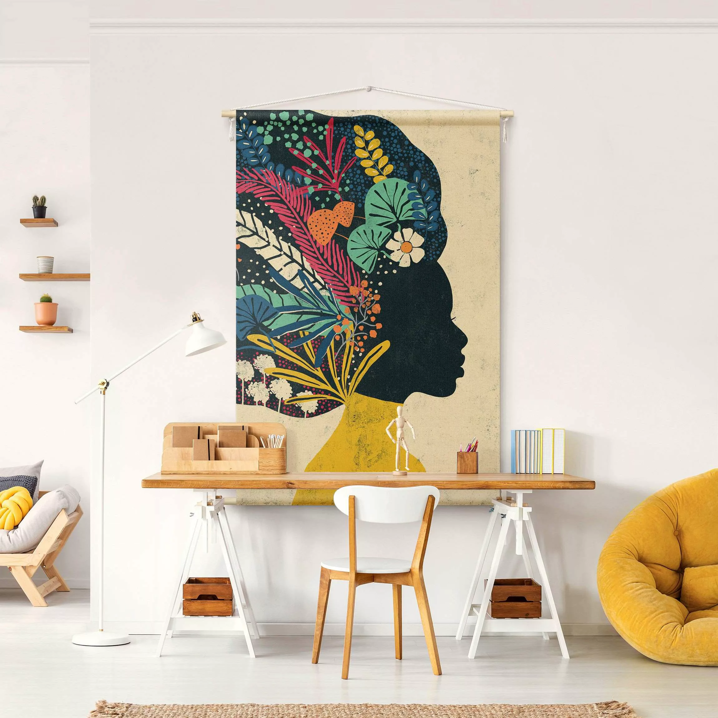Wandteppich Frau mit Blumenafro günstig online kaufen