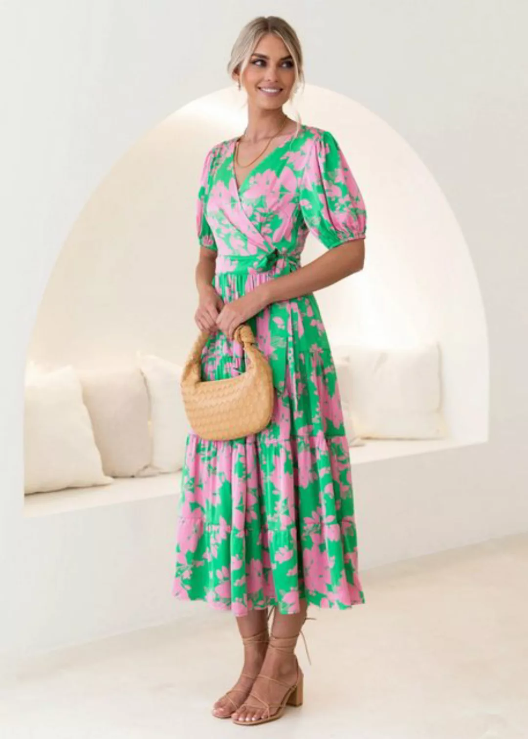 RUZU UG Dirndl Elegantes Druckkleid stilvolles Wickelkleid V-Ausschnitt Som günstig online kaufen