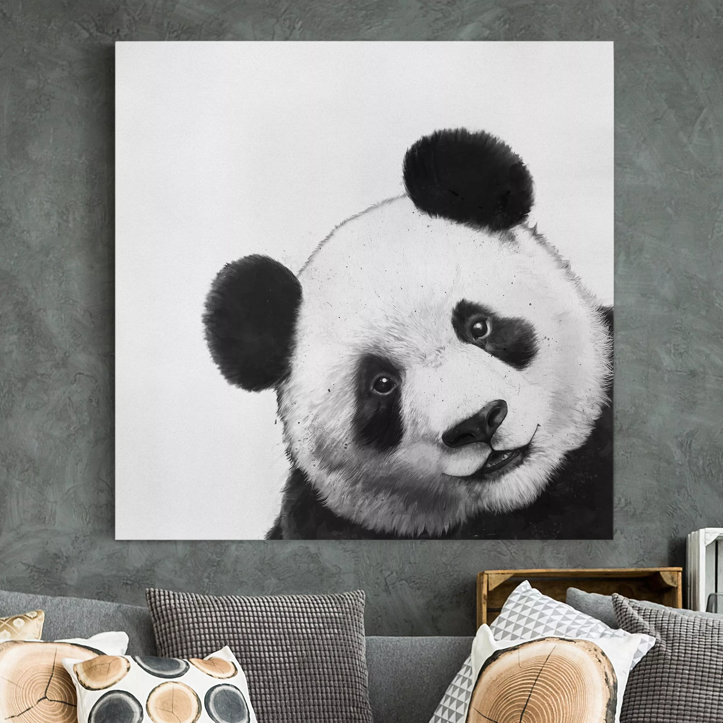 Leinwandbild Tiere - Quadrat Illustration Panda Schwarz Weiß Malerei günstig online kaufen