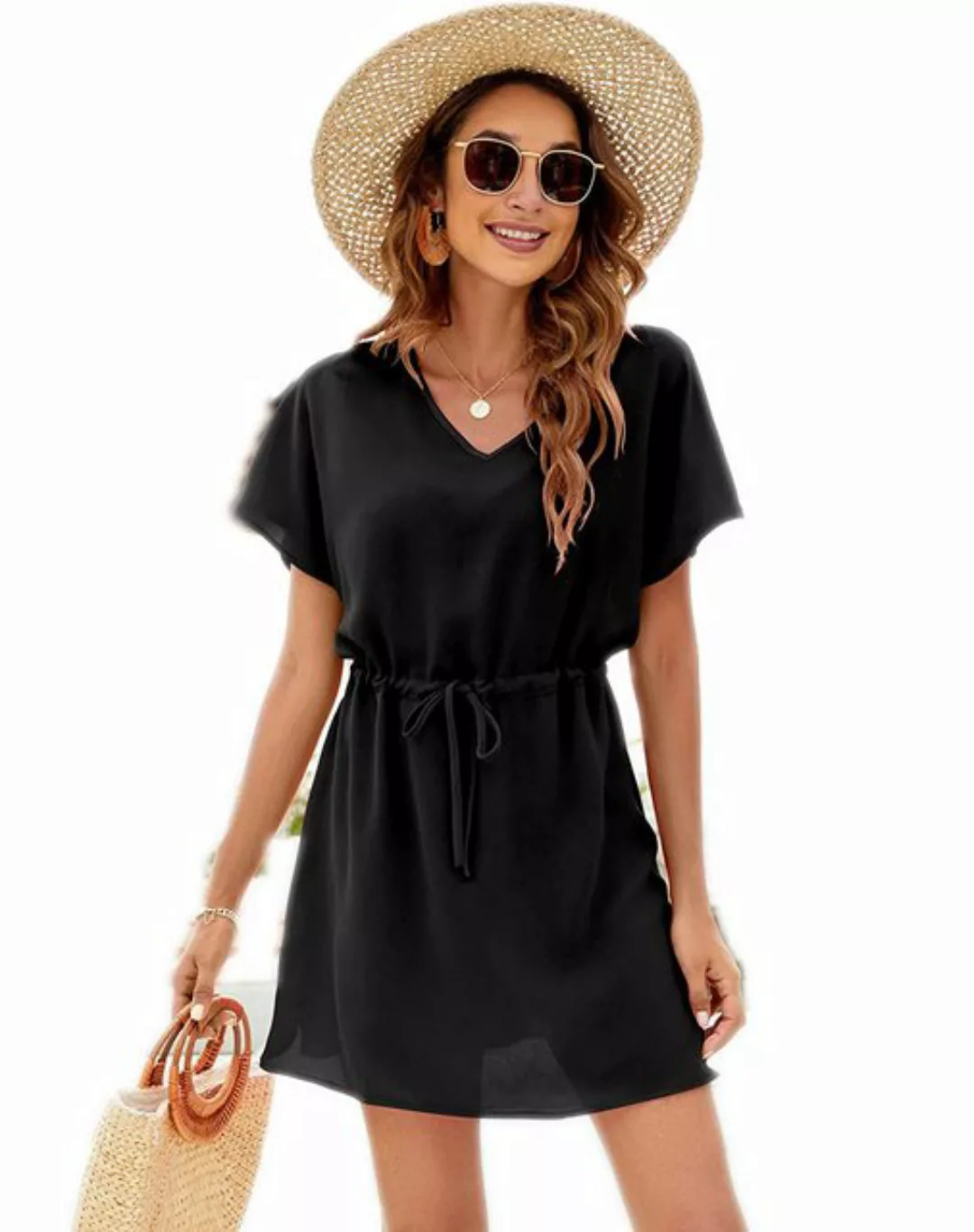 KIKI Strandkleid Sommer-Strandkleid mit Kordelzug und V-Ausschnitt günstig online kaufen