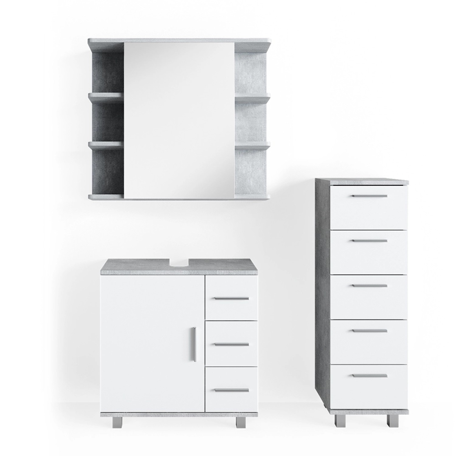Vicco Badmöbel-Set Ilias Beton/Weiß 3 Teile mit Midischrank günstig online kaufen