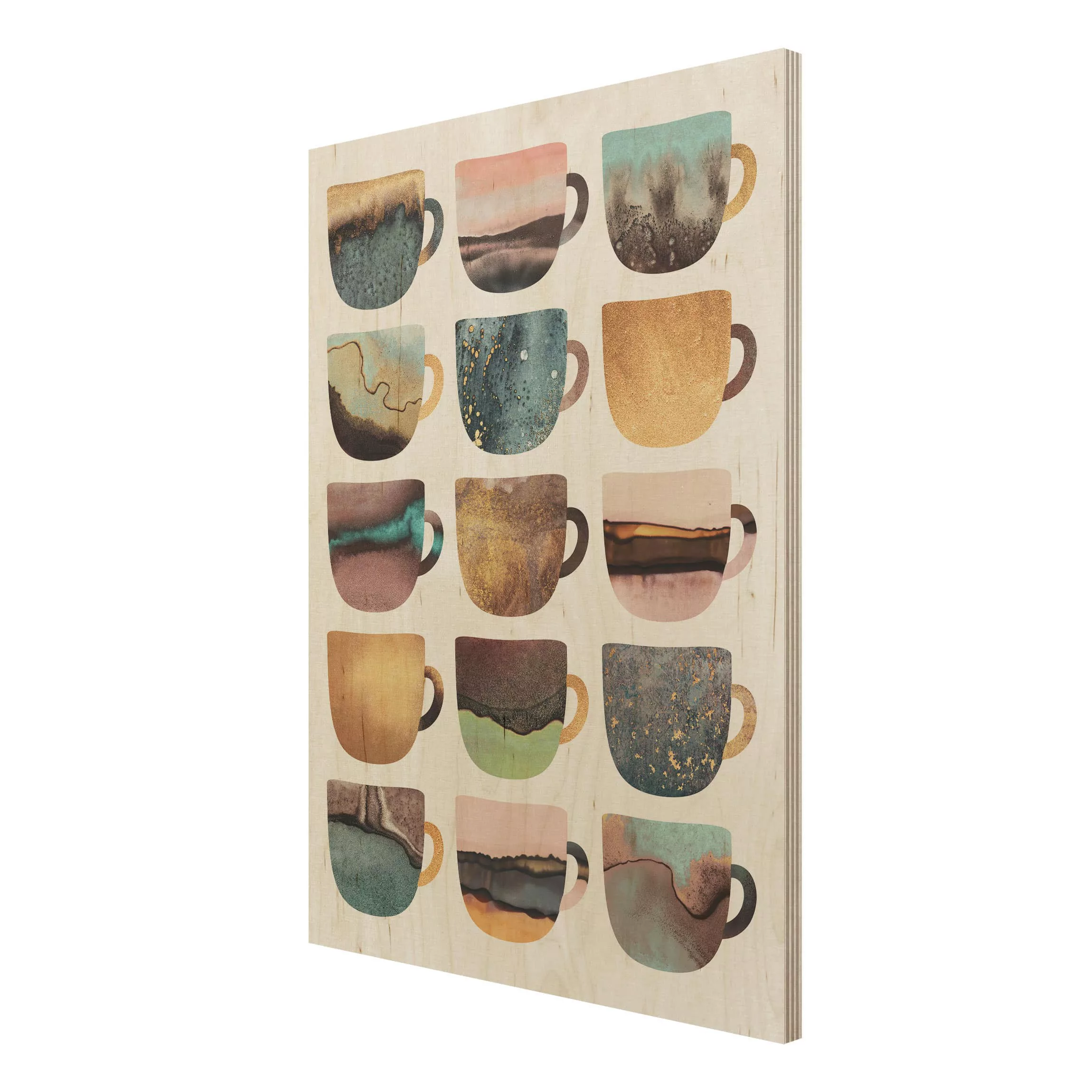 Holzbild Küche - Hochformat 3:4 Bunte Kaffeetassen mit Gold günstig online kaufen
