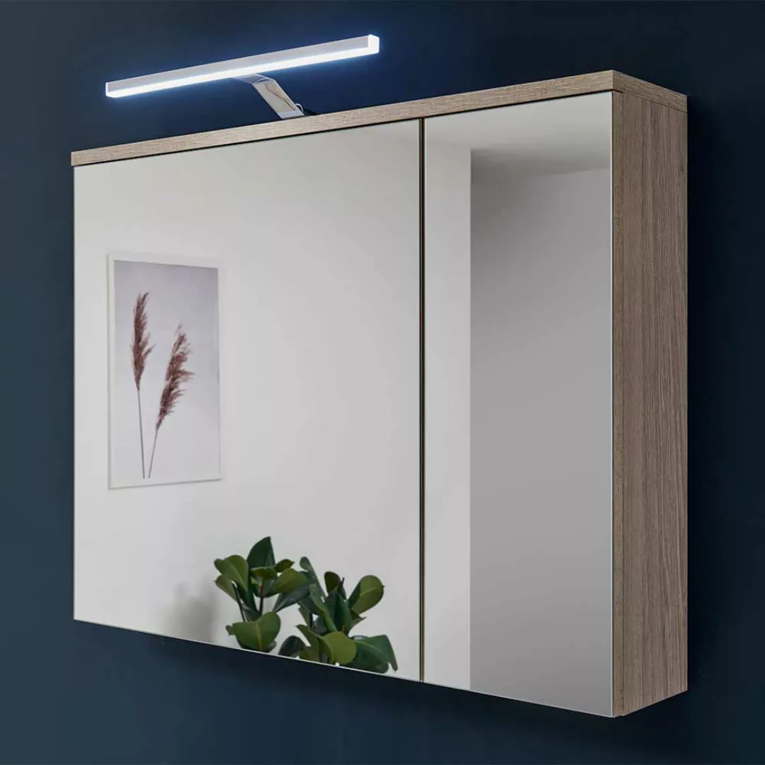 Badschrank Spiegel mit LED Beleuchtung Korpus Eichefarben günstig online kaufen