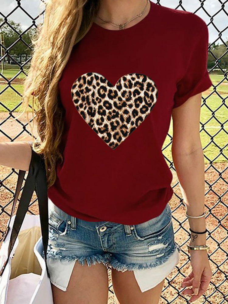 Kurzarm-T-Shirt mit Leopardenherzmuster für Damen günstig online kaufen