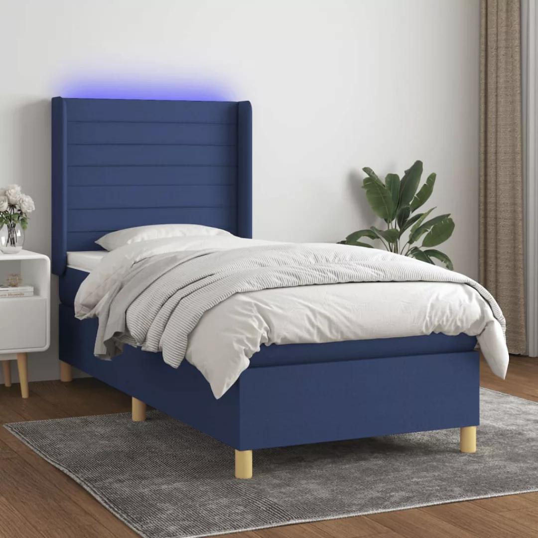 vidaXL Bettgestell Boxspringbett mit Matratze LED Blau 100x200 cm Stoff Bet günstig online kaufen