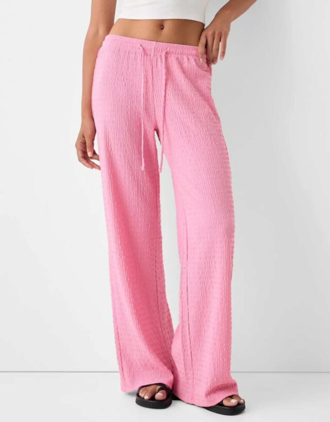 Bershka Straight-Leg-Hose Aus Waffelgewebe Damen Xl Rosa günstig online kaufen